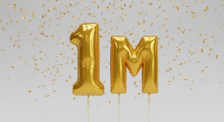 Golden “1M” celebration balloons with falling confetti on a light background, perfect for marketing, milestones, achievements, social media promotions, and festive advertising banner