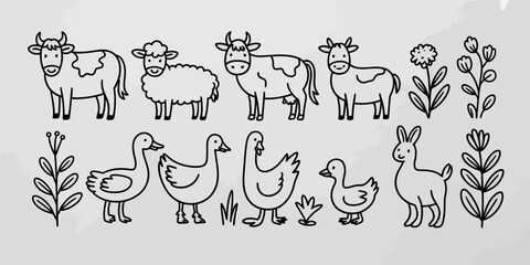 Obraz premium Charming hand drawn farm animals and plants illustration collection