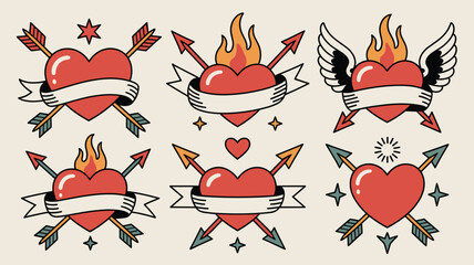 Tattoo style heart designs with arrows flames and wings set of love themed traditional illustrations art