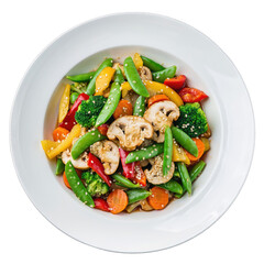 Colorful Vegetable Stir Fry With Mushrooms and Snow Peas Served in a White Bowl Isolated on a White Background Vibrant Food Photography Presentation