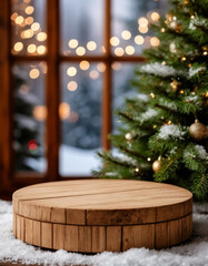 Christmas-themed background with a wooden round stage to highlight your product, creating a professional and festive look for marketplace listings.