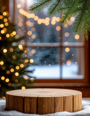 Christmas-themed background with a wooden round stage to highlight your product, creating a professional and festive look for marketplace listings.