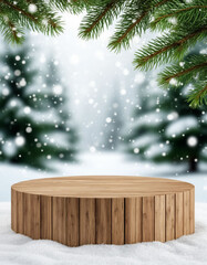 Festive product presentation stage featuring a round wooden podium against a Christmas background, ideal for your online store or marketplace listing.