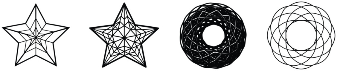 Intricate geometric star and circle designs in black and white line art