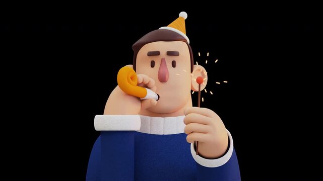 3D Animation Male Character Celebrating New Year  Party Horn & Sparkler - transparent loop