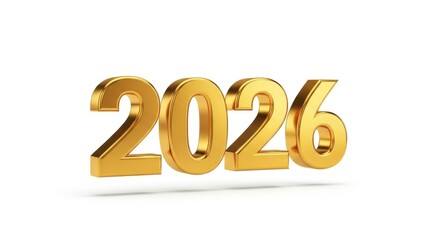 Golden three-dimensional 2026 number on white background, future year concept