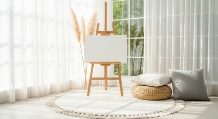 Blank canvas on a wooden easel by a sunlit window with cozy cushions and a round rug