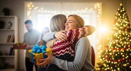 Daughter hugging mother with christmas gift and decorated tree in background