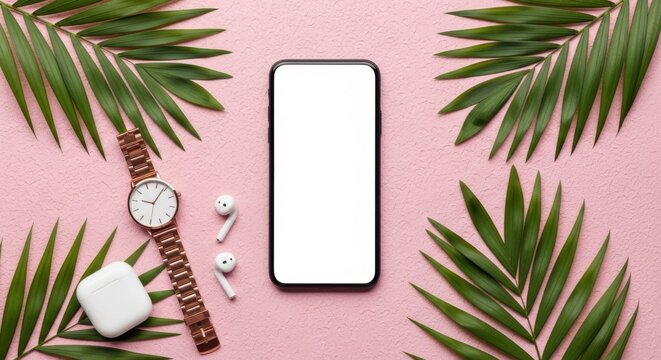 Modern smartphone and accessories surrounded by lush green palm leaves on a soft pink background
