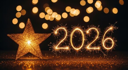 Festive 2026 new year celebration with a bright golden star and dazzling sparklers.