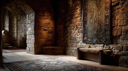 fortress. A medieval castle wall with a traditional woven tapestry. real-estate listings, architecture portfolios, designed for interior renovation comparisons for interiors, showcases craftsmanship.
