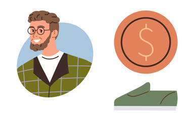 Young man with modern outfit, a dollar coin, and a green sneaker explore connection between individuality, style, and financial value. Ideal for fashion, finance, individuality, creativity