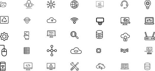 Technology and IT Line Icon Set, Coding, Cloud Computing, Network Security and Digital Tools Outline Vector Pack