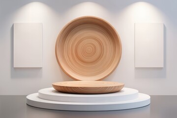 Obraz premium Wooden plate podium and white stage. Realistic 3d vector wood round platform or showcase on white wall background with soft lighting, for displaying cosmetic products, presentation or exhibition