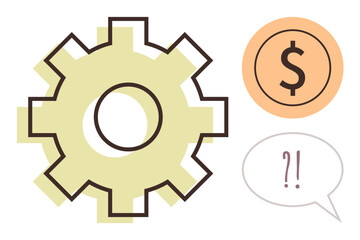 Gear represents process, dollar coin signifies economy, and speech bubble with question marks suggests decision-making or issues. Ideal for business, finance, teamwork, process, management, workflow
