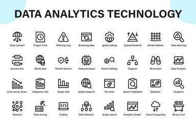 Data Analytics Technology Icon Collection. data mining, chart reports, cloud networks, research tools, and system monitoring.