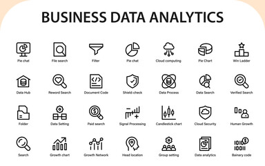 Business data analytics icons. pie statistics, search elements, growth charts, cloud protection, and processing features.