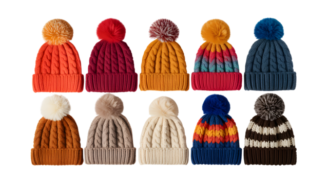 Collection of colorful knitted winter hats isolated on transparent background isolated on transparent background