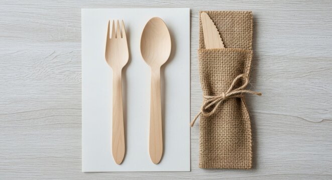Eco friendly disposable wooden cutlery set with napkin neatly arranged on a light grey wooden surface