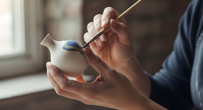 Close-up of hands painting a ceramic prototype with glaze in a studio, textured background, natural window light — faces hidden.