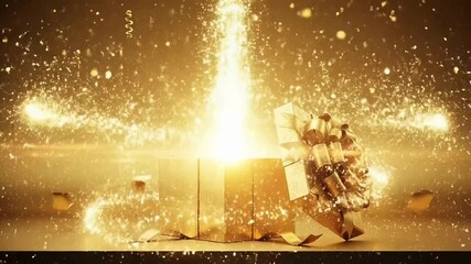 Unveiling a golden surprise magic box with sparkling glow, perfect for celebration, gifts, and special occasions with elegant touch