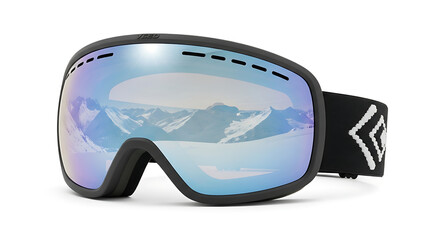 Sleek ski and snowboard goggles with a mirrored lens reflecting a snowy mountain landscape, isolated on a white background for winter sports