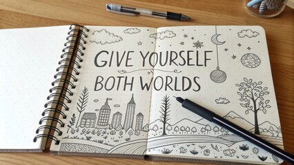 Notebook open with motivational quote and creative sketches