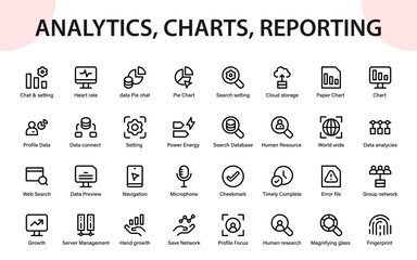analytics, charts, reporting icons. charts, data preview, global search, error files, microphone tools, and smart profile management.