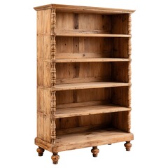 Rustic wooden bookshelf with carved details and turned legs against a white background
