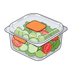 Fresh salad in transparent plastic container with green lettuce and red tomatoes in playful cartoon illustration, representing healthy meal prep and eco-friendly food storage