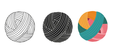 Yarn Ball In Three styles vector set line art, silhouette and color version for versatile creative projects