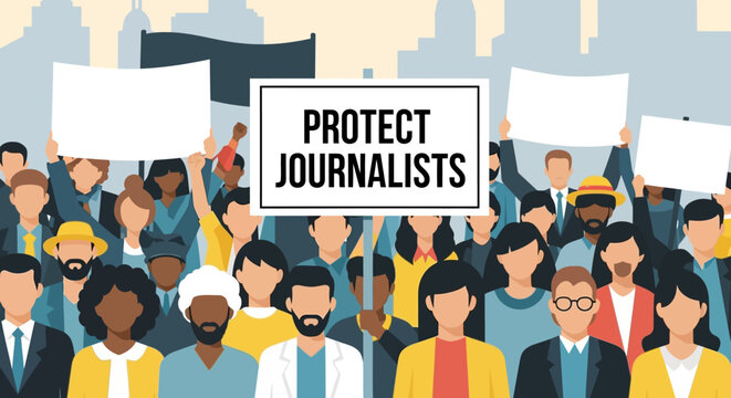 Diverse Urban Protest Supporting Press Freedom with 'Protect Journalists' Sign and Stylized Crowd Illustration