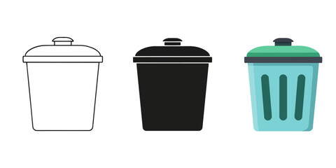  Trash Can icons In Three styles vector set line art, silhouette and color version, for waste management or recycling themes
