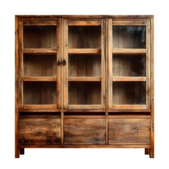 Vintage wooden display cabinet with glass doors and drawers