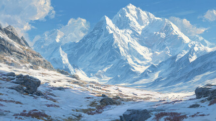 sunny alpine landscape with imposing snow-covered mountains towering over valley floor scattered with rocks and low vegetation. Scene conveys grandeur, isolation, serene beauty of winter wilderness