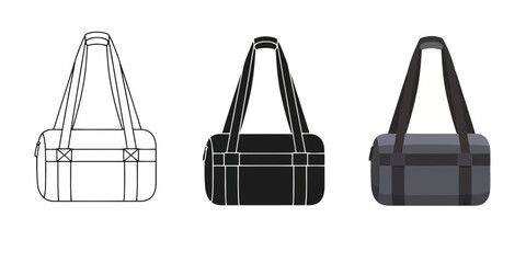 Duffel Bags in Three styles vector set line art, silhouette and color version for versatile design use
