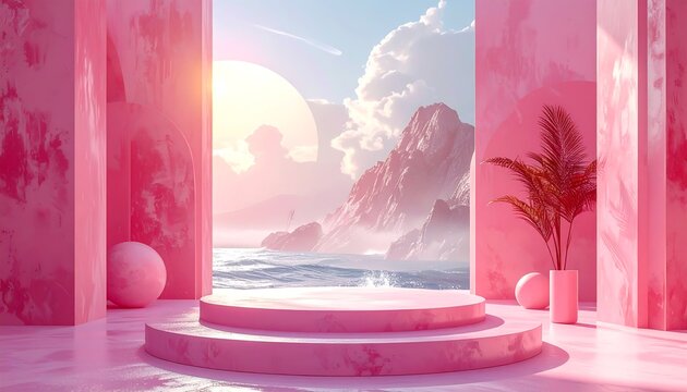 A vibrant, pink-hued abstract scene featuring a pedestal overlooking a serene seascape with sun and clouds through arches