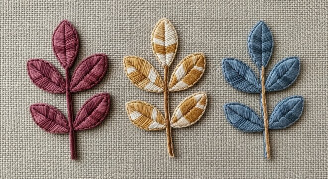 Three decorative fabric leaves in burgundy gold and blue arranged vertically on a textured neutral background