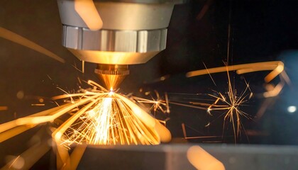 Intense sparks emanate from a metal cutting machine, creating a bright, industrial spectacle