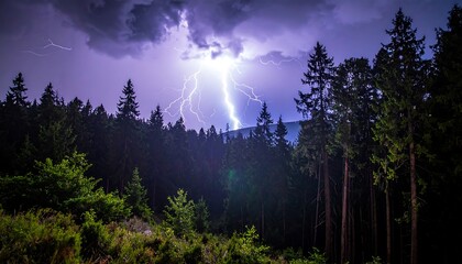 Intense lightning bolts illuminate a dark, forested mountain landscape under ominous storm clouds in a dramatic scene
