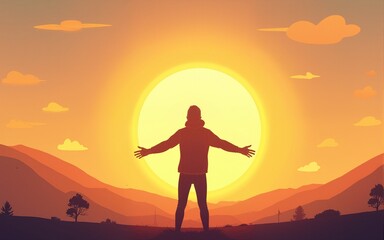 Having a personal adventure - Person standing in front of sun with arms out, watching the beauty of nature and feeling the warmth of the sun. Happiness and personal freedom concept. Vector