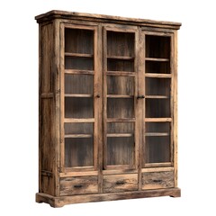 Antique distressed wooden display cabinet with glass doors and drawers