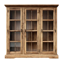 Rustic wooden cabinet with glass doors and shelves on a white background