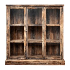 Rustic wooden display cabinet with nine glass fronted compartments and weathered finish