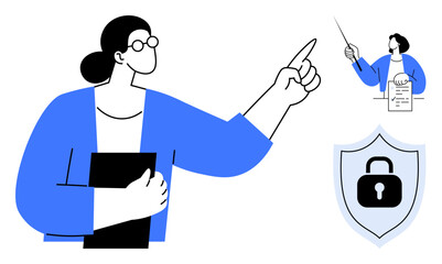 Professional holding documents and gesturing while explaining a report, shield with lock for security focus. Ideal for education, privacy, training, management, technology, legal knowledge. Simple