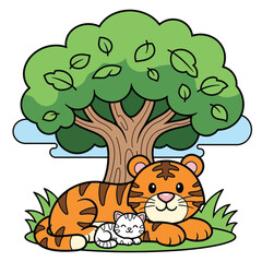 Cute Cartoon Tiger and White Cat Friends Resting Under Tree. Happy Wild and Domestic Animals Sleeping Together in Nature for Kids Design Vector Illustration.