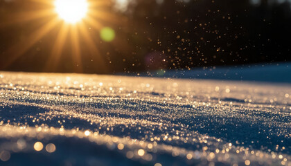 Sunny golden glow and sparks on snow for overlay and winter design projects