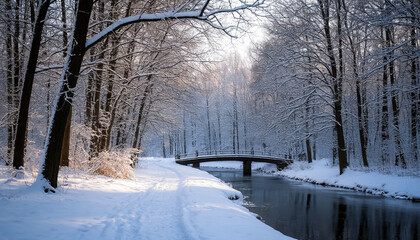  Winter river landscape with bridge in snow-covered park, frozen nature scene