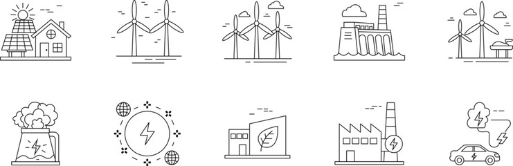 Set of renewable energy and power generation icons isolated on clean energy and sustainable technology concept