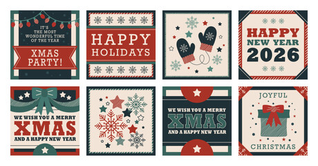 Happy holidays stickers set. Christmas design colorful retro frame banners. New year holidays square labels.